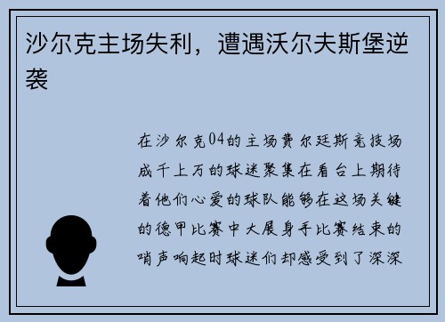 沙尔克主场失利，遭遇沃尔夫斯堡逆袭