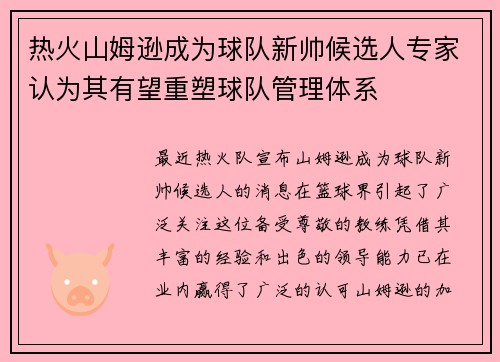 热火山姆逊成为球队新帅候选人专家认为其有望重塑球队管理体系