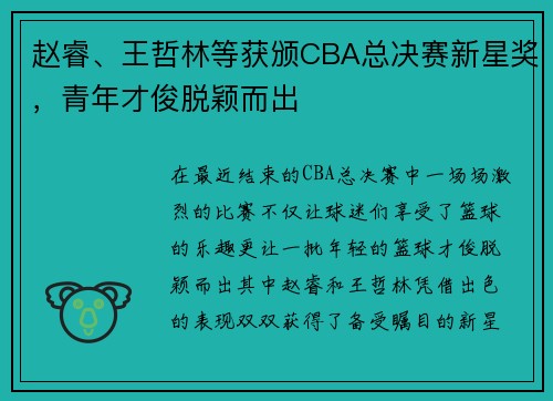 赵睿、王哲林等获颁CBA总决赛新星奖，青年才俊脱颖而出